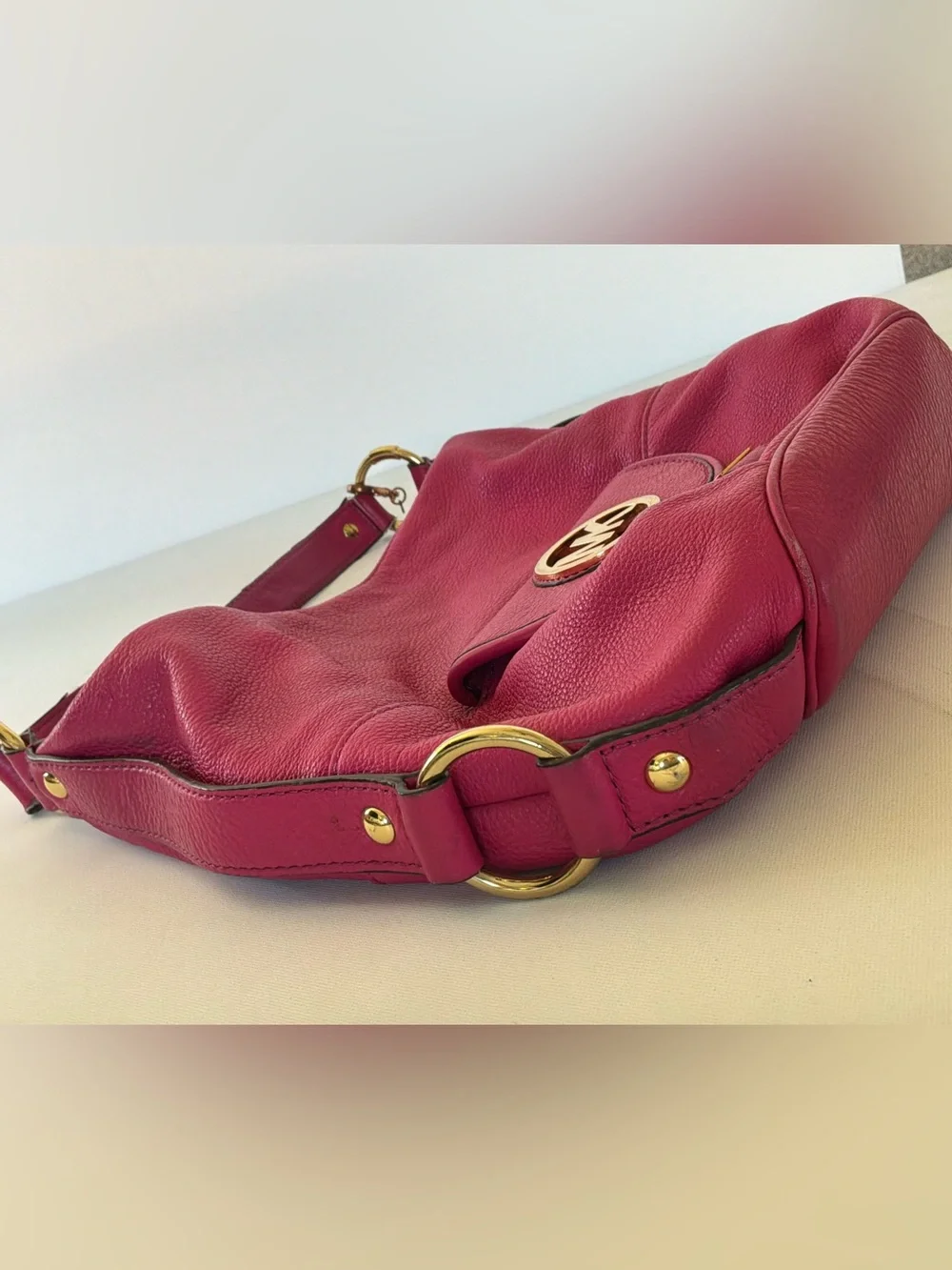 Michael Kors Fulton Large Leather Hobo Shoulder Bag Pink Gold Logo Purse